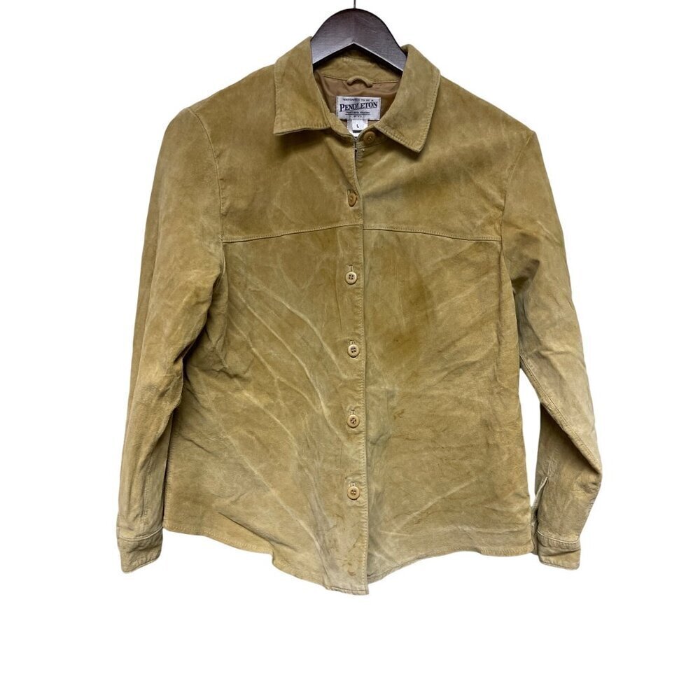 VTG Vintage Pendleton Button Down Leather Tan Shacket Shirt Jacket Size Large